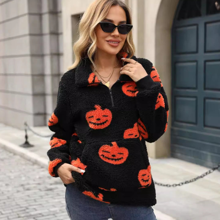 Women’s plush sweater with Halloween pattern and handy pockets Lune London