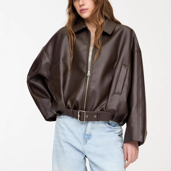 Casual faux leather jacket for women with wide collar and belt Lune London
