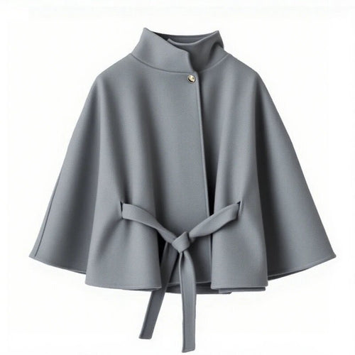 Elegant women's coat with hood, tie belt and high collar Lune London