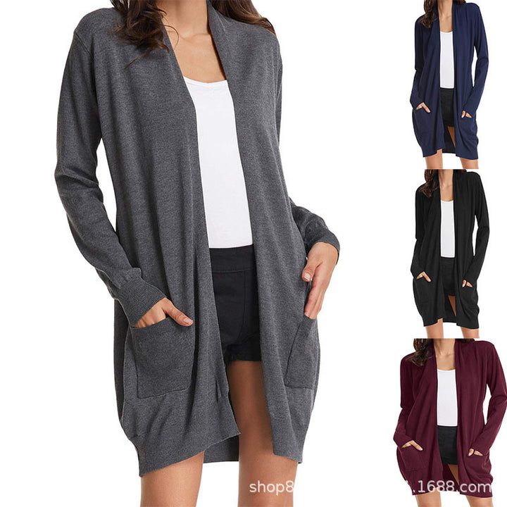 Ladies Long Cardigan with open front and practical pockets Lune London