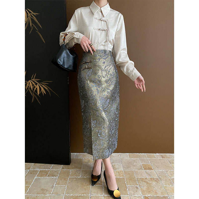 Women's Elegant Midi Skirt with Floral Motifs and Side Slit Chic & Stil