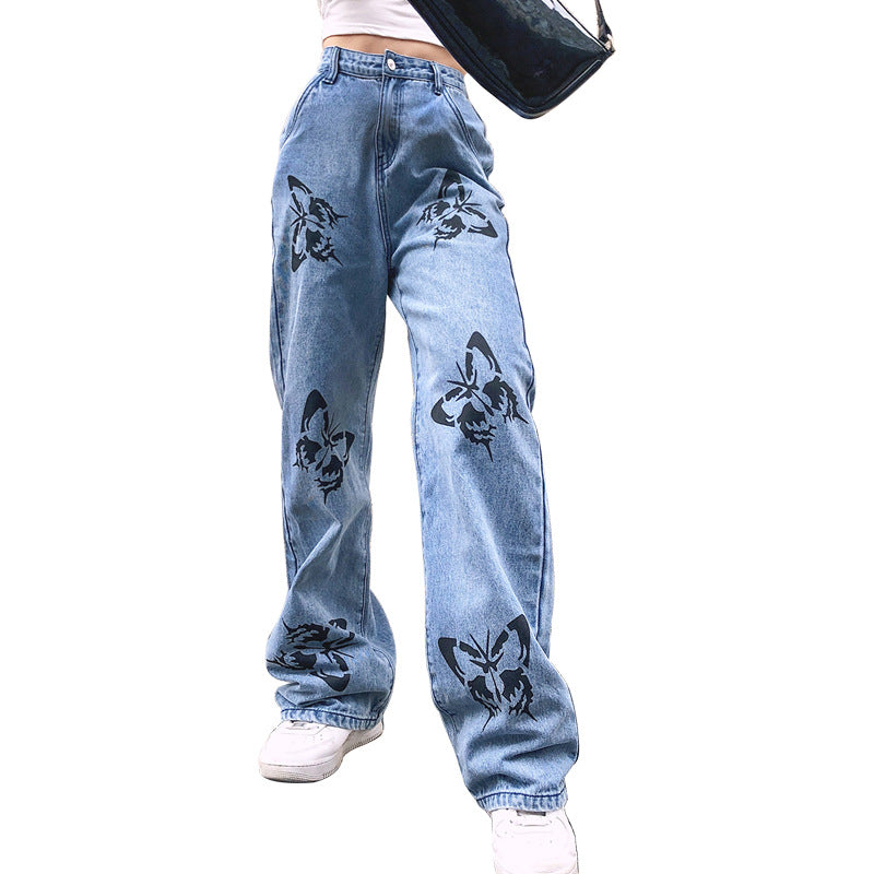 Ladies wide jeans with eye-catching butterfly print Lune London