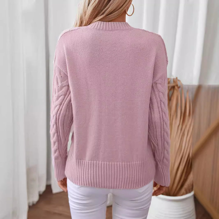 Women's knit sweater with deep V-neck and cable knit pattern Lune London