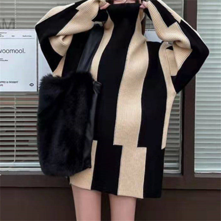 Oversized knit dress for ladies with high collar and graphic pattern Lune London
