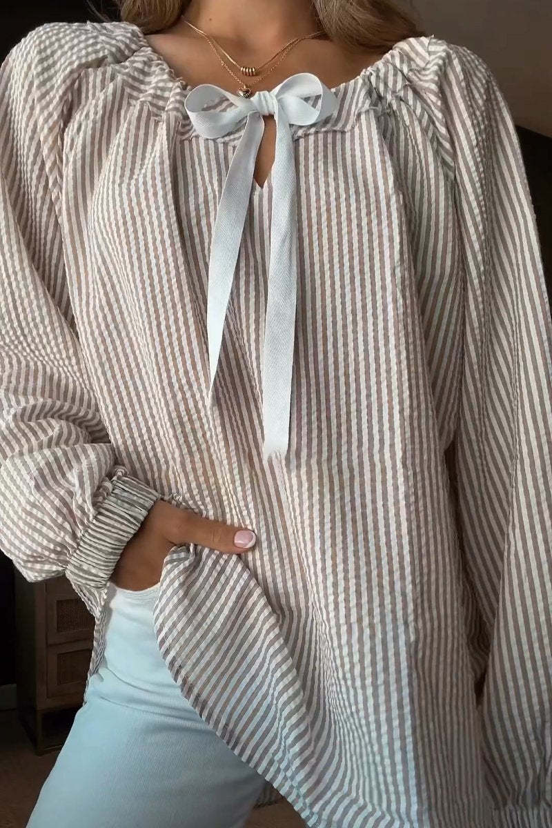 Ladies' blouse with elastic neckline and bow tie Lune London
