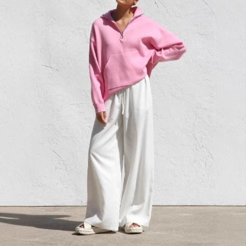 Women Oversized sweater with half-zip and kangaroo pocket Lune London