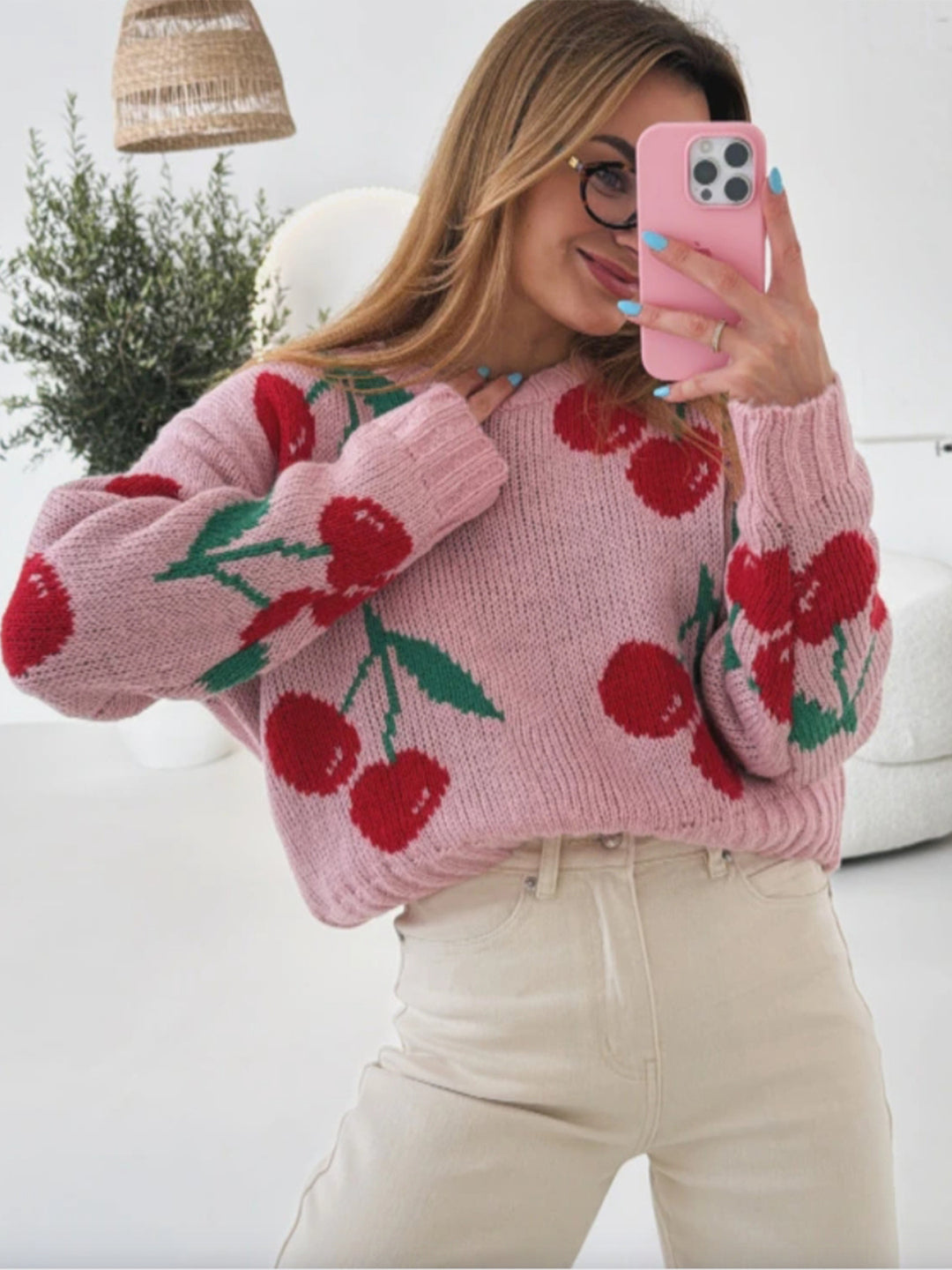 Casual sweater for women with fruity cherry pattern and soft knit Lune London
