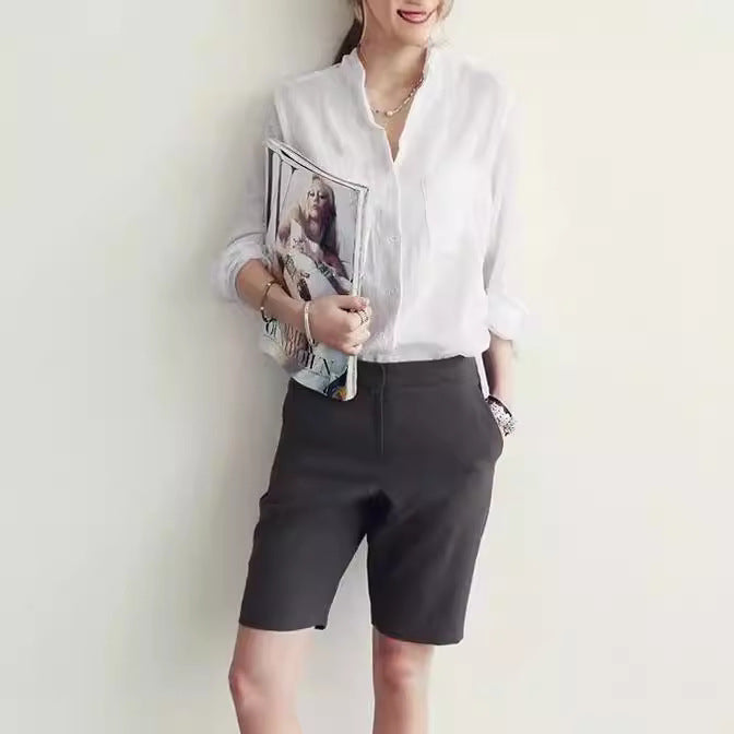 Lune London tailored lightweight button-up shirt and shorts set for women