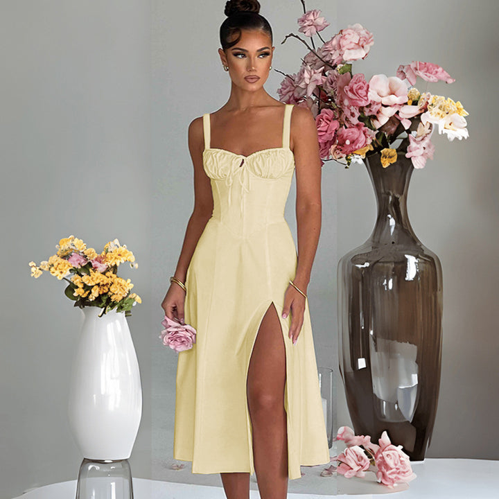 Elegant Midi Dress for Women with Deep V Neck and Chic & Stylish Refined Waist Element