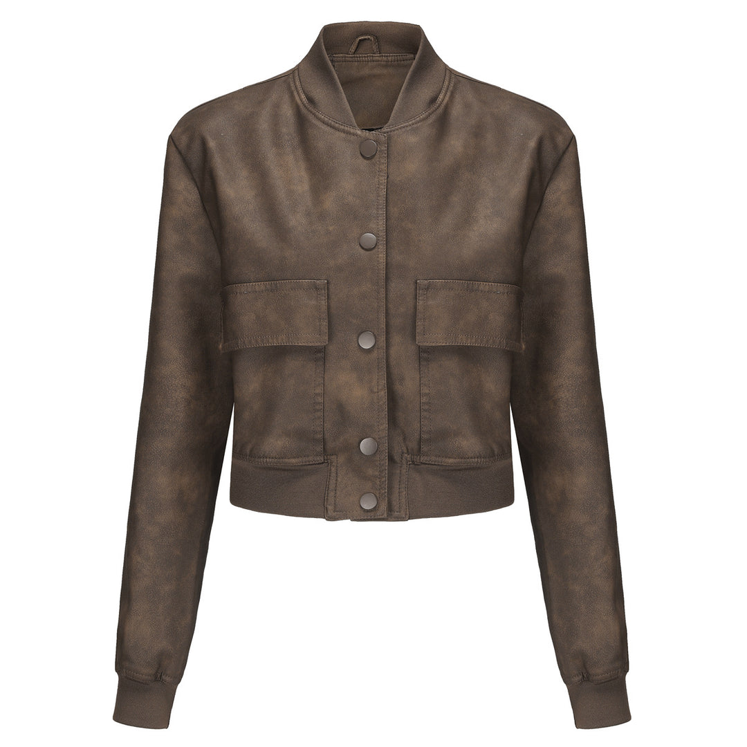 Faux leather bomber jacket for women with practical pockets and elastic cuffs Lune London