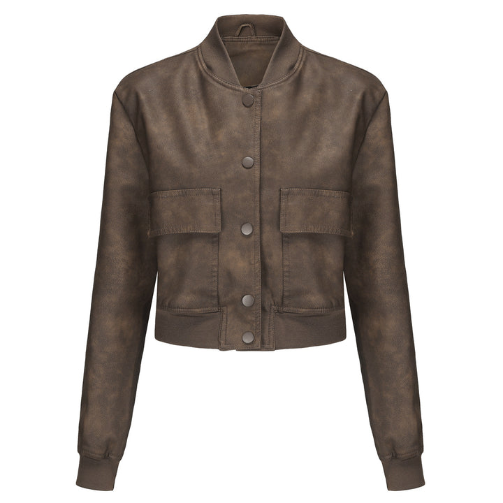Faux leather bomber jacket for women with practical pockets and elastic cuffs Lune London