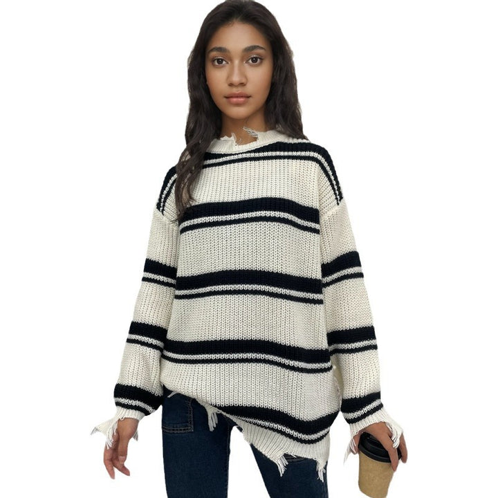 Casual striped sweater for women with frayed details Lune London