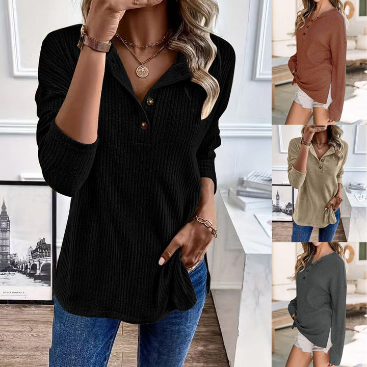 Lune London women's ribbed leisure sweater with button placket and 3/4 sleeves