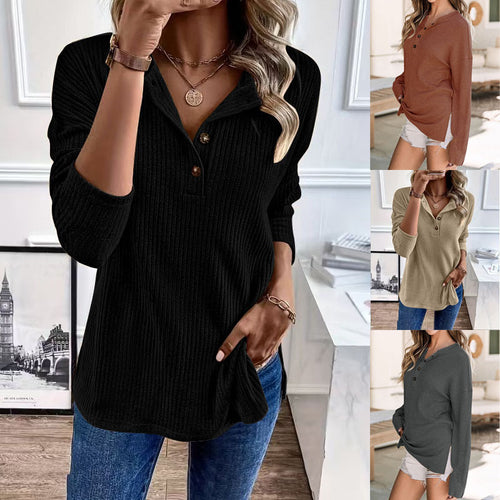 Lune London women's ribbed leisure sweater with button placket and 3/4 sleeves