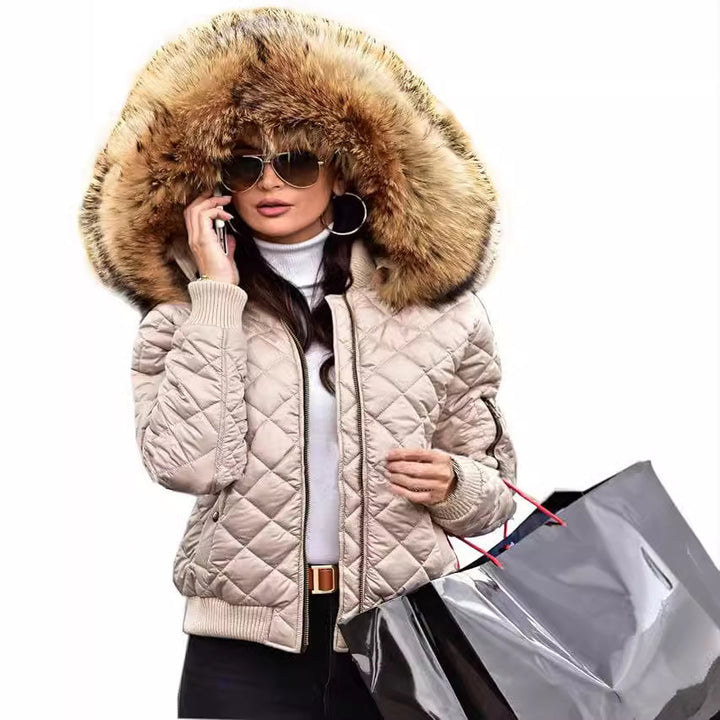 Ladies Urban Quilted Jacket with Soft Plush Collar Lune London