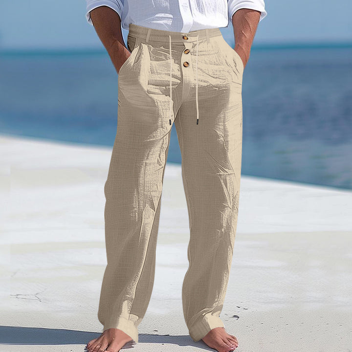 Comfortable beach pants for men with elastic waistband and button closure Lune London