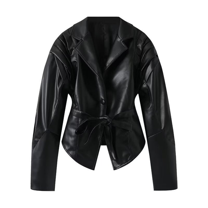 Ladies elegant faux leather jacket with innovative belt Lune London