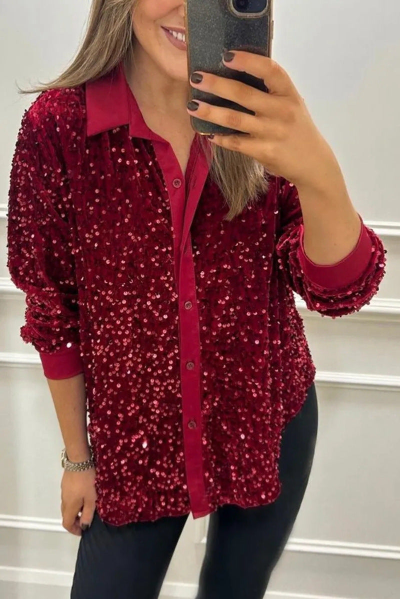 Blouse à sequins glamour pour femmes avec col classique et manches longues Chic & Stil