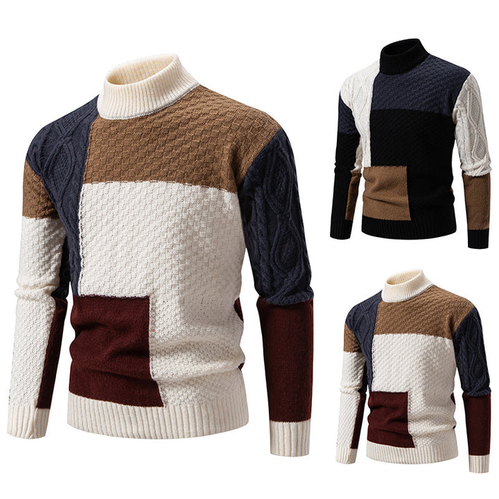 Modern turtleneck sweater for men with cable pattern and color block design Lune London