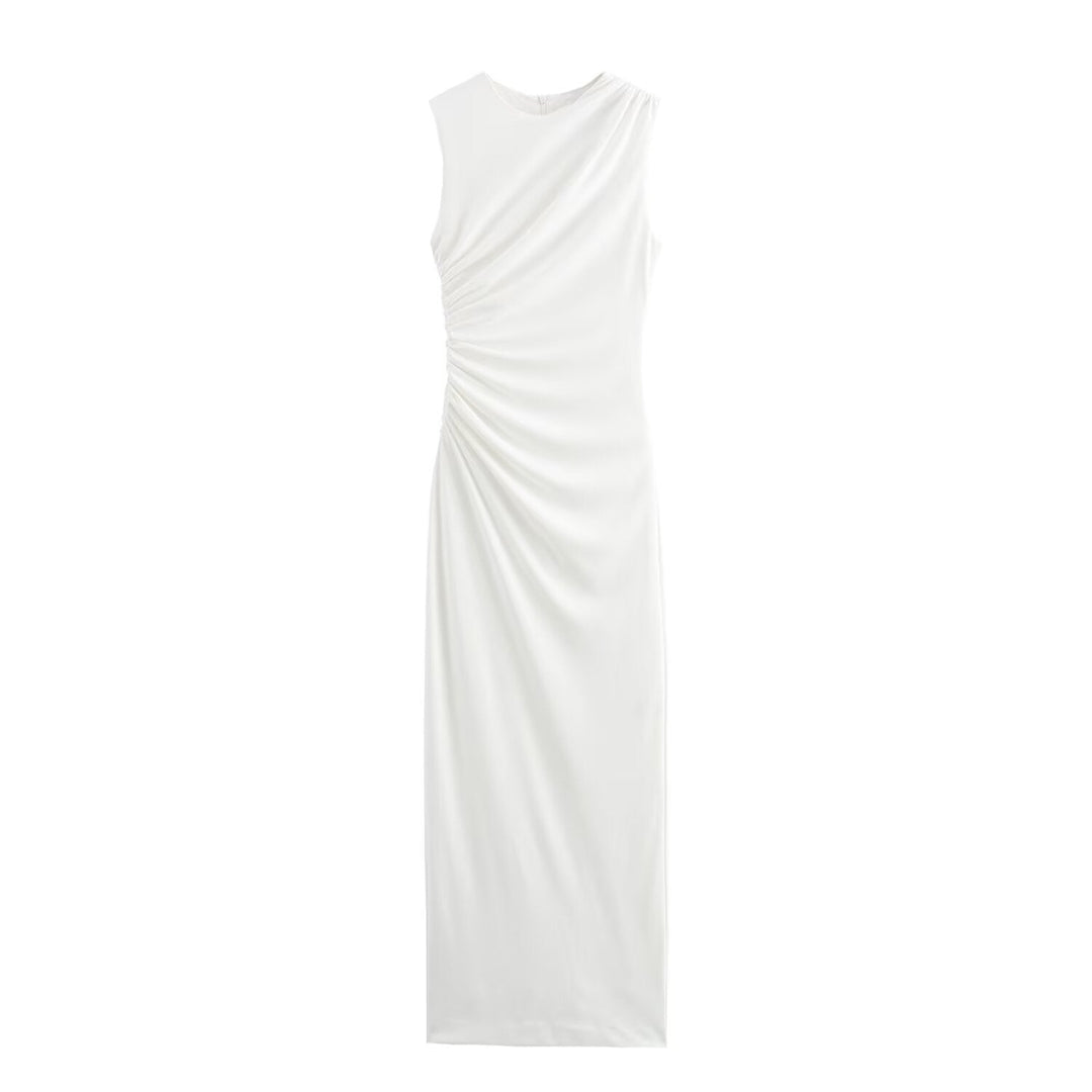 Lune London | Solid Color Round Neck Sleeveless Folding Slim Fit Dress