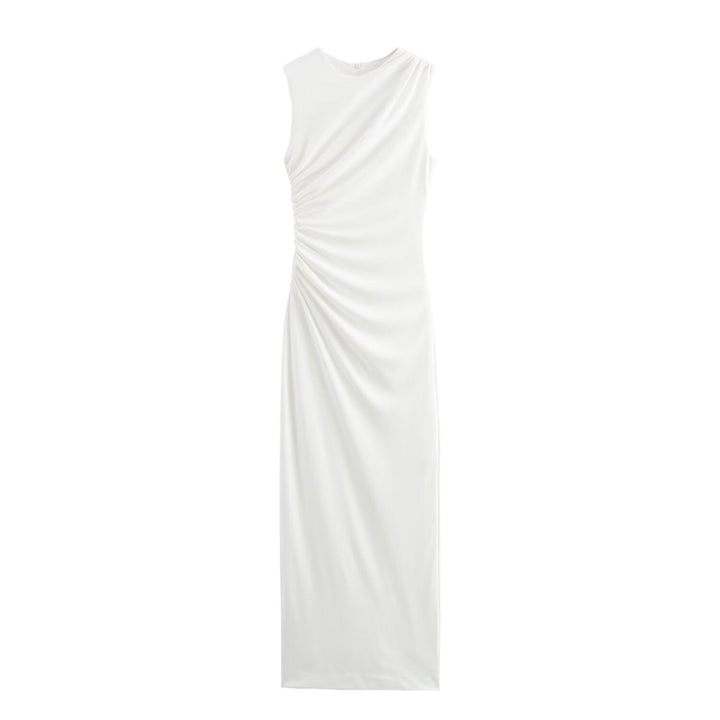 Lune London | Solid Color Round Neck Sleeveless Folding Slim Fit Dress
