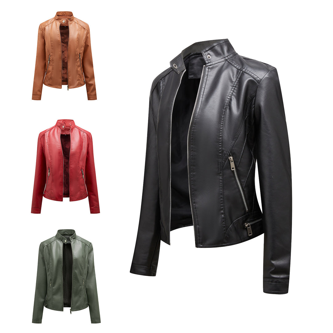 Faux leather jacket for women with elegant high collar and practical zippered pockets Lune London