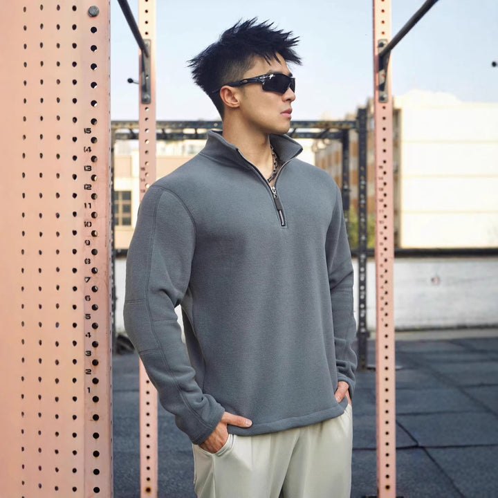 Men's fleece sweater with modern high collar and attractive zip closure details Lune London
