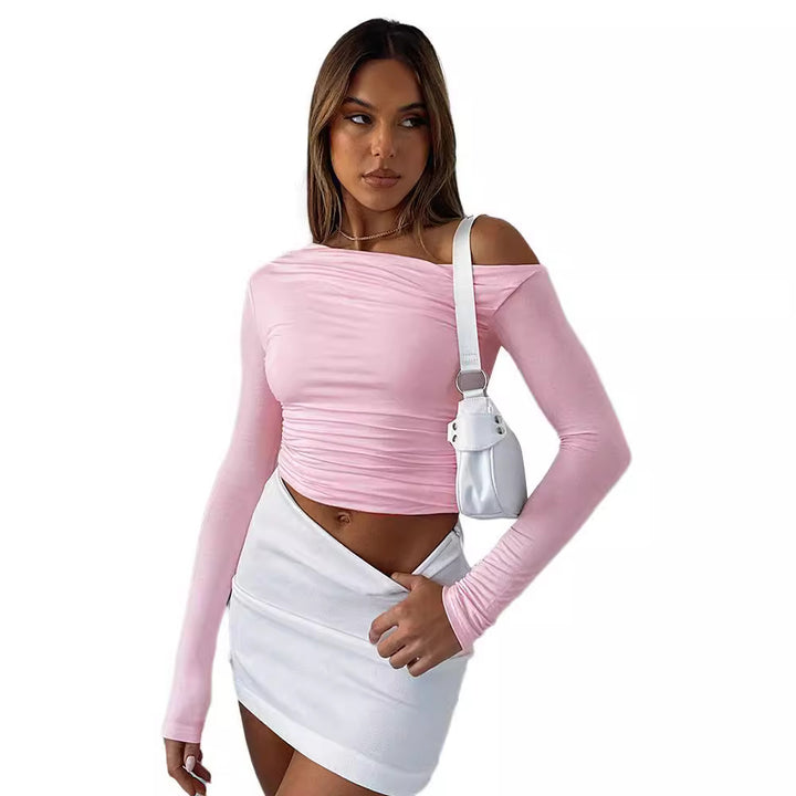 Stylish oversized shirt for women with offset collar and gathers Lune London