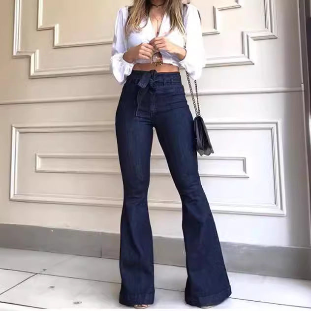 Women's High-Cut Flared Jeans with Stylish Belt and Frayed Hem Lune London