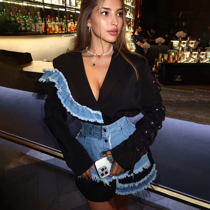 Two-piece outfit for women in fashion with asymmetrical design and fringing details Lune London