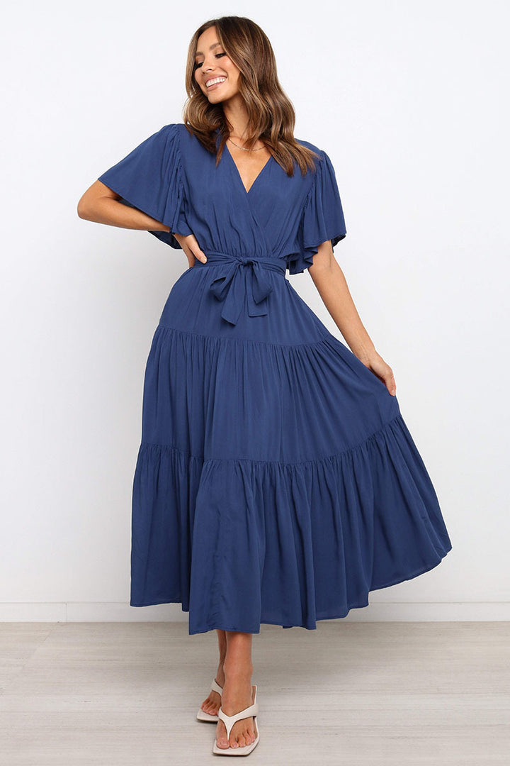Lune London Fluid maxi dress for women with tie-up belt and butterfly sleeves