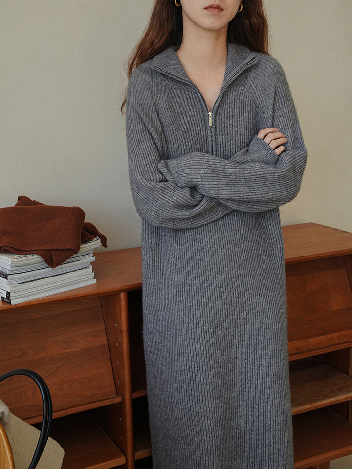 Knit dress for women with high collar and zipper Lune London