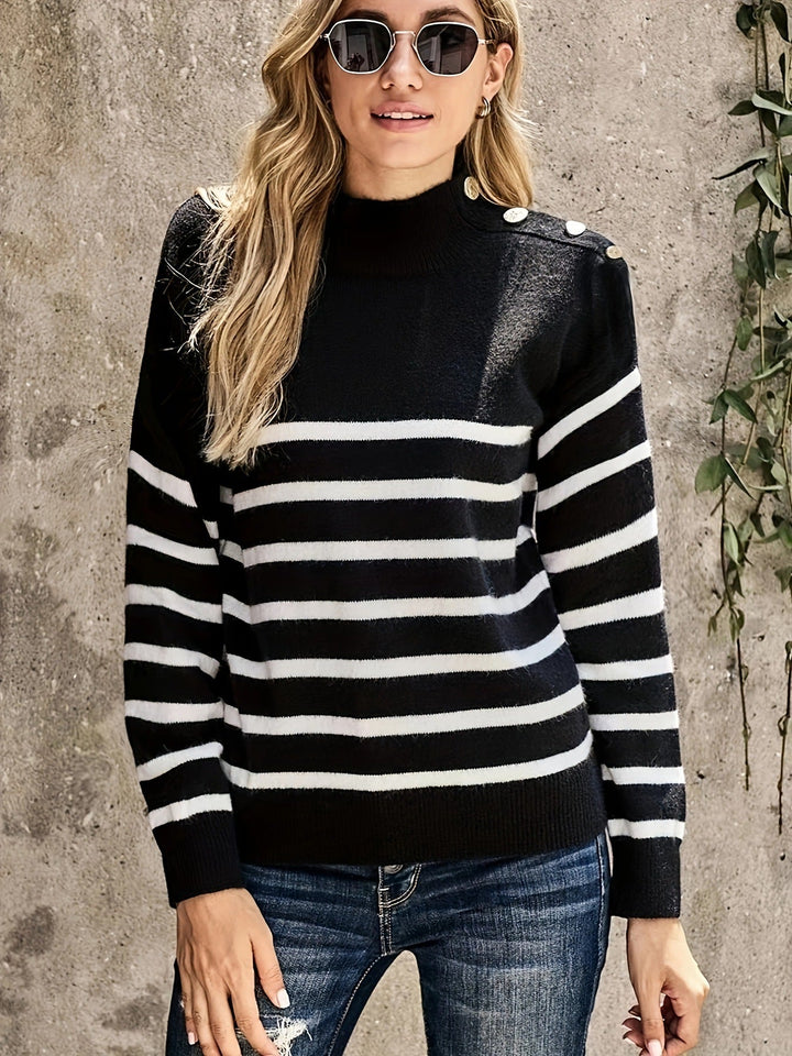 Lune London | Striped Knit Pullover - Mock Neck - Shoulder Button Accent - Long Sleeve Casual Fit