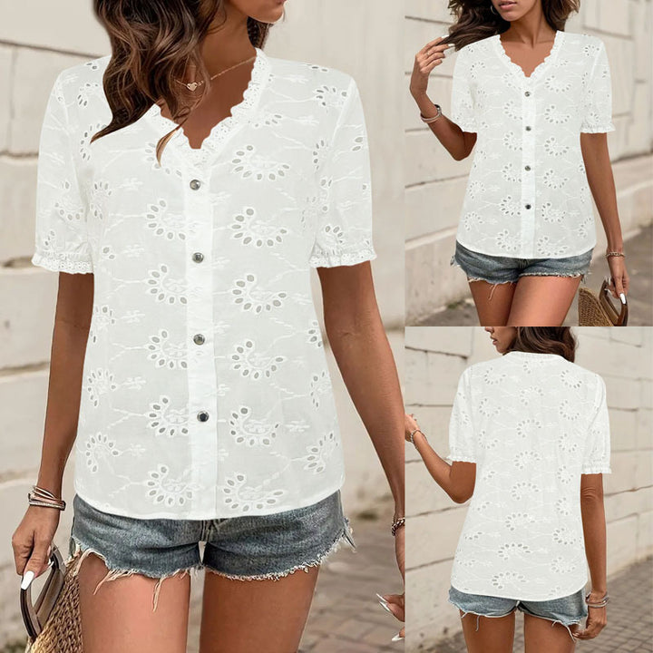Light blouse for ladies with artistic perforated patterns and button details Lune London