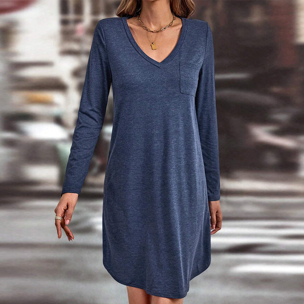 Robe décontractée pour femmes à col en V avec manches longues et poches Chic & Stil