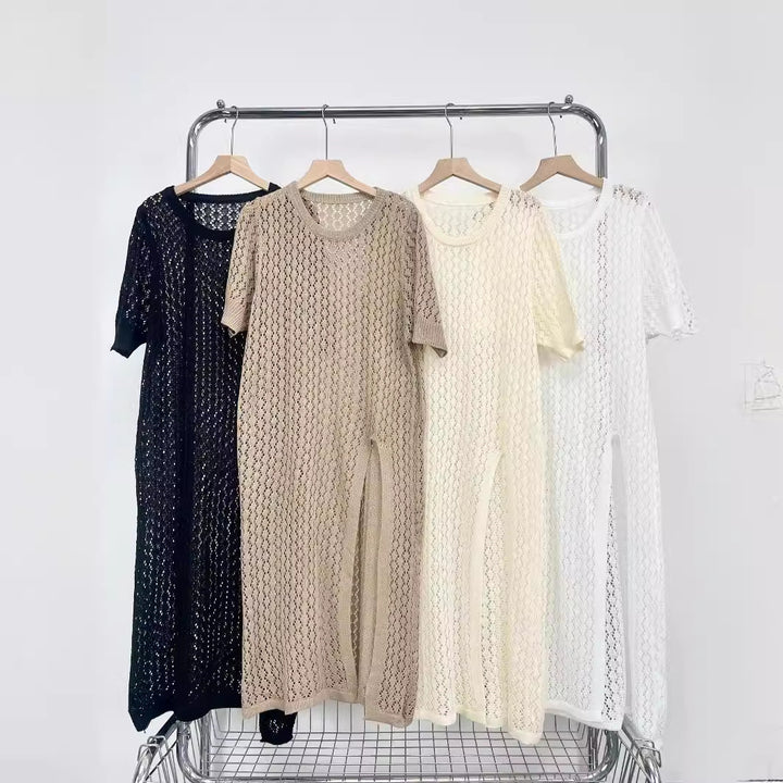 Ladies long knitted kimono with open design and breathable mesh structure Chic and Style