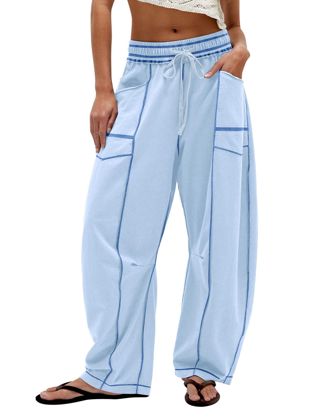 Ladies Comfortable Wide Pants with Practical Pockets and Elastic Belt Lune London