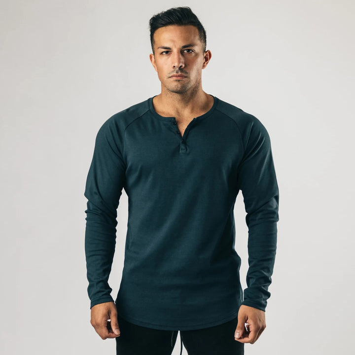 Men's Long Sleeve Henley T-shirt with a high-quality cotton blend and a buttoned collar Lune London