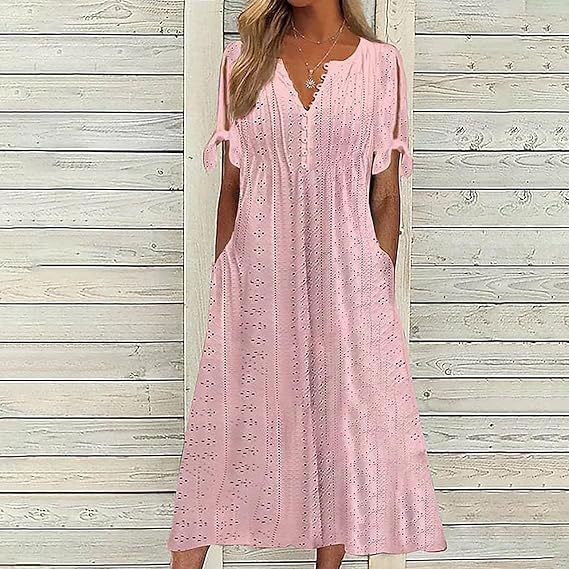 Airy midi dress for women with decorative hole patterns and practical pockets Lune London