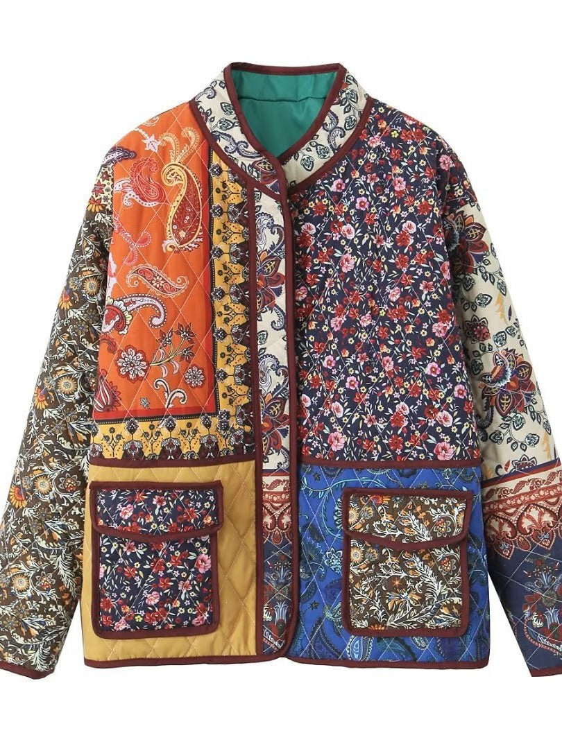 Quilted patchwork jacket for women with floral design and practical pockets Lune London