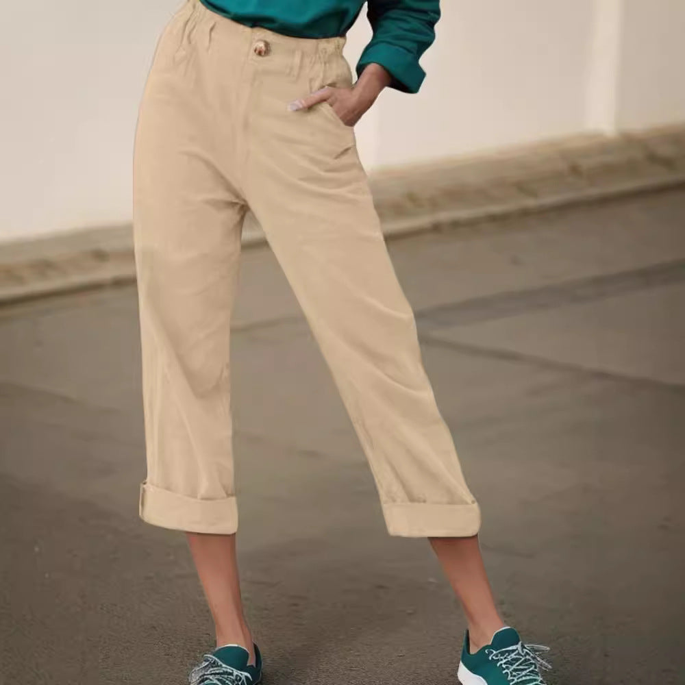 Elegant linen pants for women with wide legs and turned-up hem Lune London