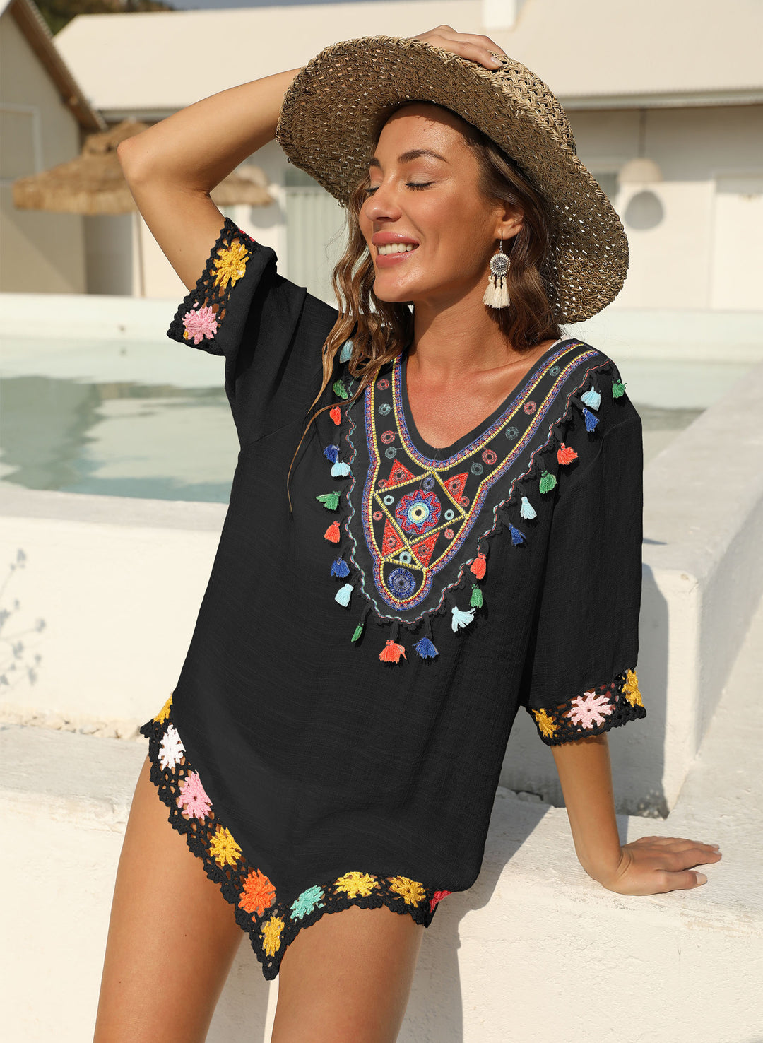 Lune London fringed embroidered beach tunic for women