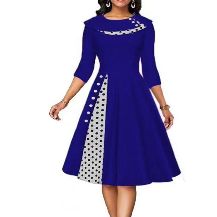 Elegant Woman Midi-Dress with Polka Dots and Chic Side Contrast Detail