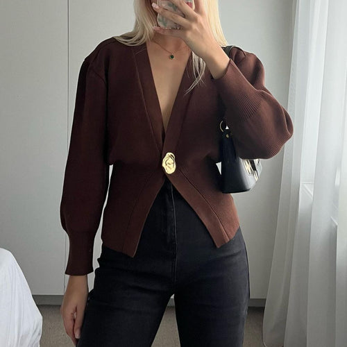 Women's fashion knitted cardigan with deep V-neck and decorative button Lune London