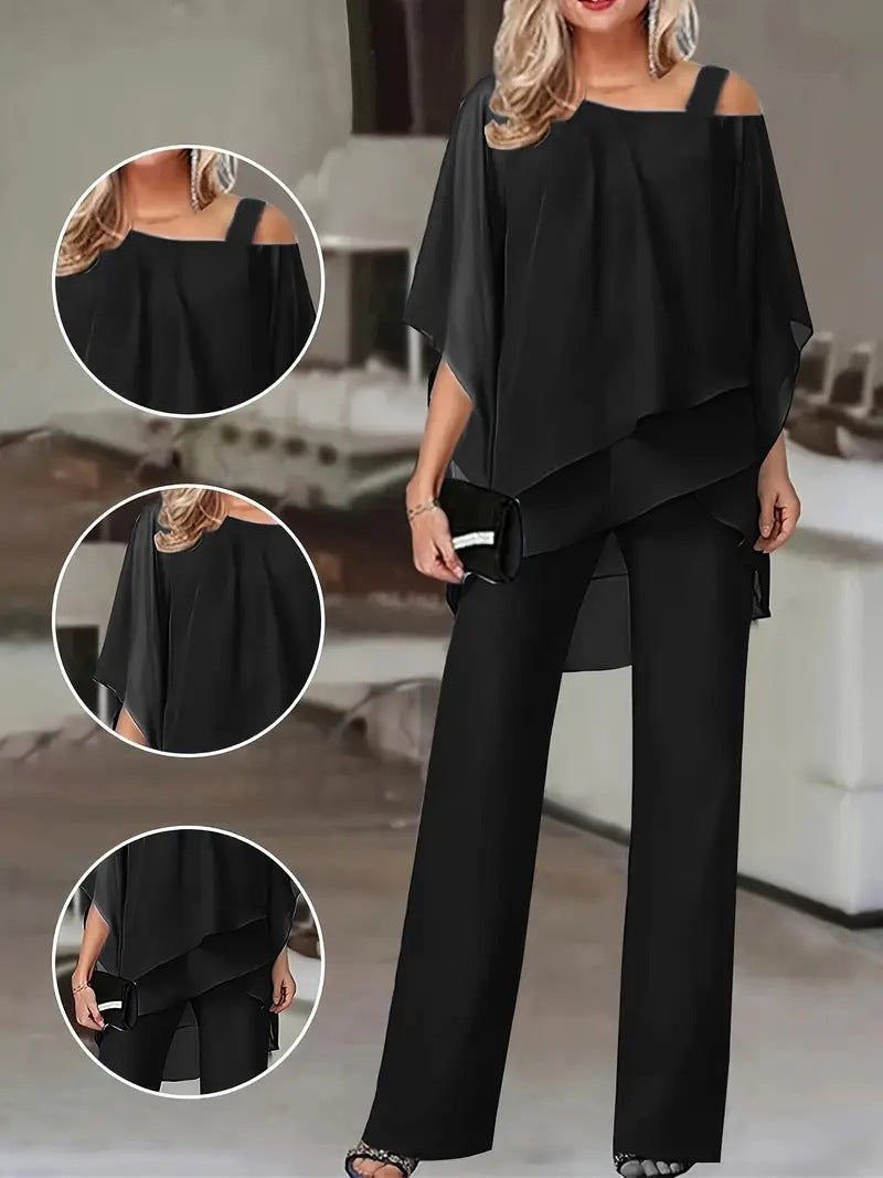Ladies Elegant Two Piece Set with Fluid Top and Chic Flared Pants