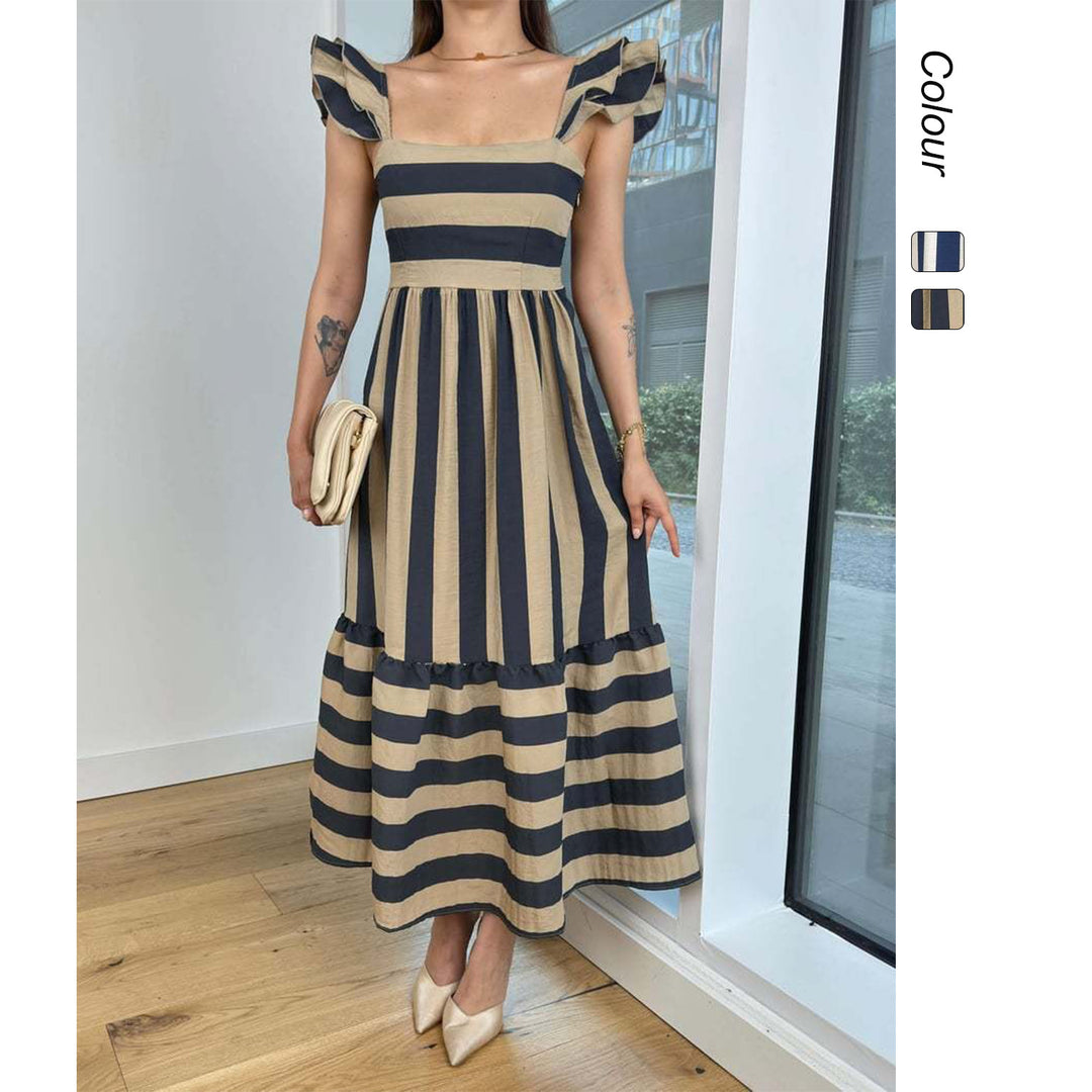 Ladies Maxi Dress with Playful Striped Pattern and Ruffle Details Lune London