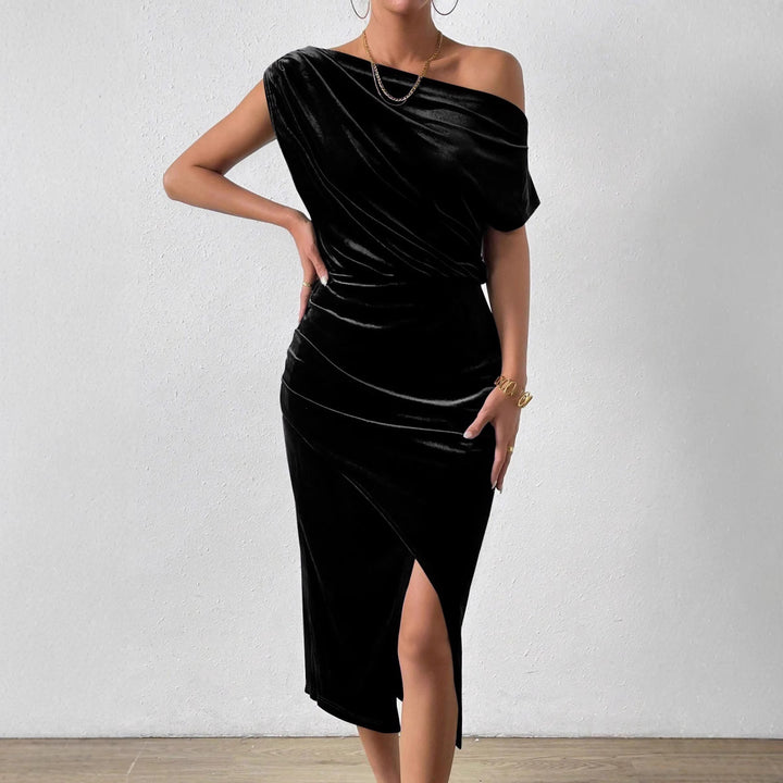 Elegant wrap dress for women with asymmetrical neckline and side slit Lune London