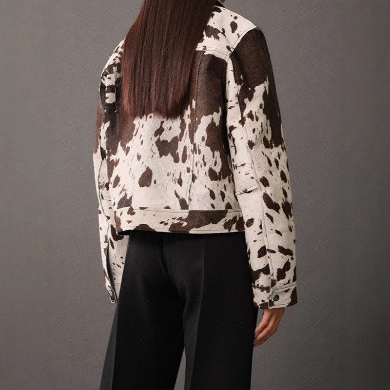 Sheepskin fashion jacket for women with striking animal pattern Lune London