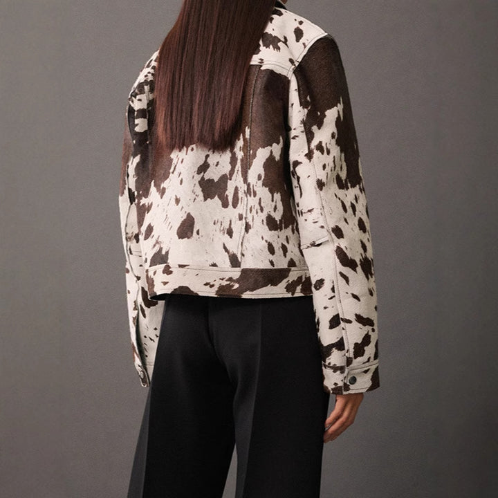 Sheepskin fashion jacket for women with striking animal pattern Lune London