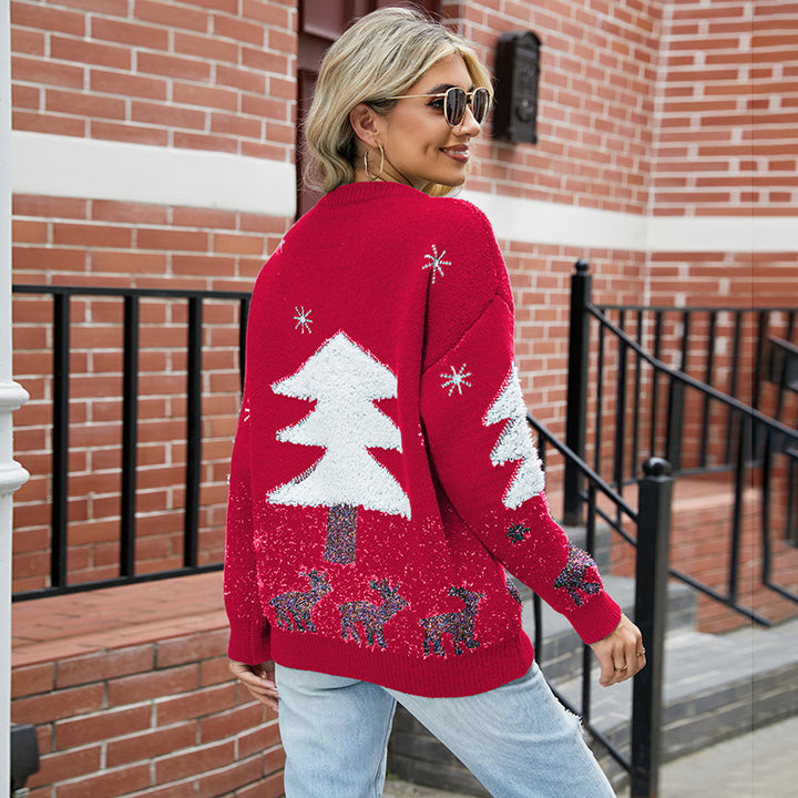 Cozy wool sweater for women with festive Christmas tree pattern Lune London